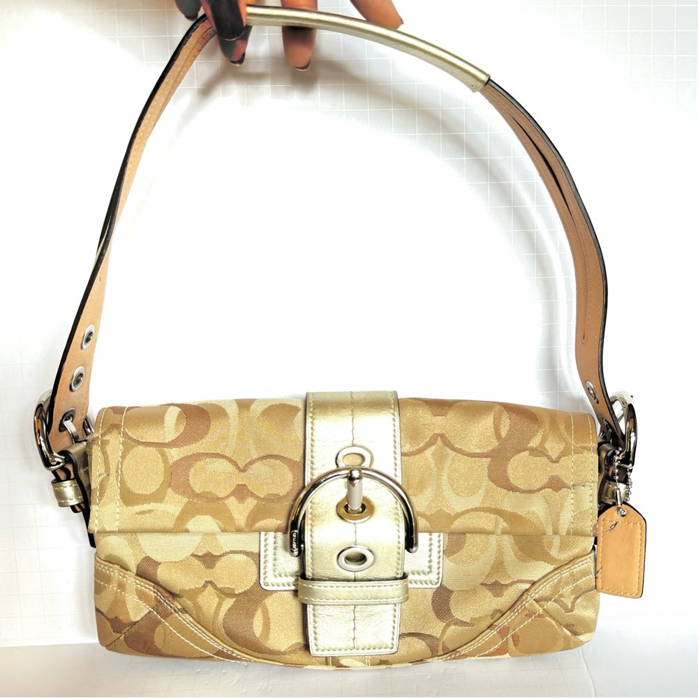 Coach Gold and Tan Shoulder Bag with Monogram Pattern and Decorative Buckle